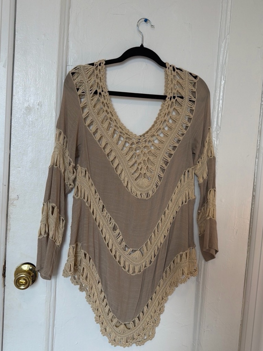 Umgee Taupe and Cream Crochet V-Neck Tunic